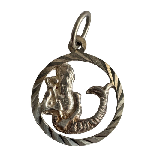 V I N T A G E // sea-based / sterling silver engine turned merman with staff / a pendant