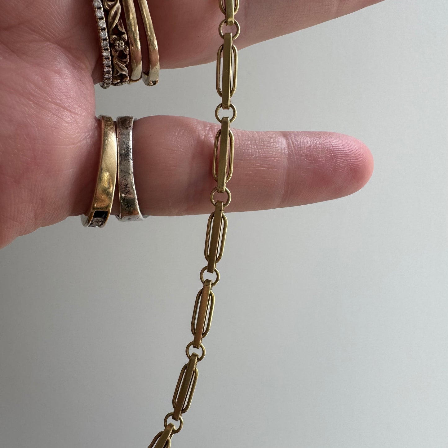 A N T I Q U E // blue hue / 14k yellow gold flat fancy link pocket watch chain / 13.5", 9.1g