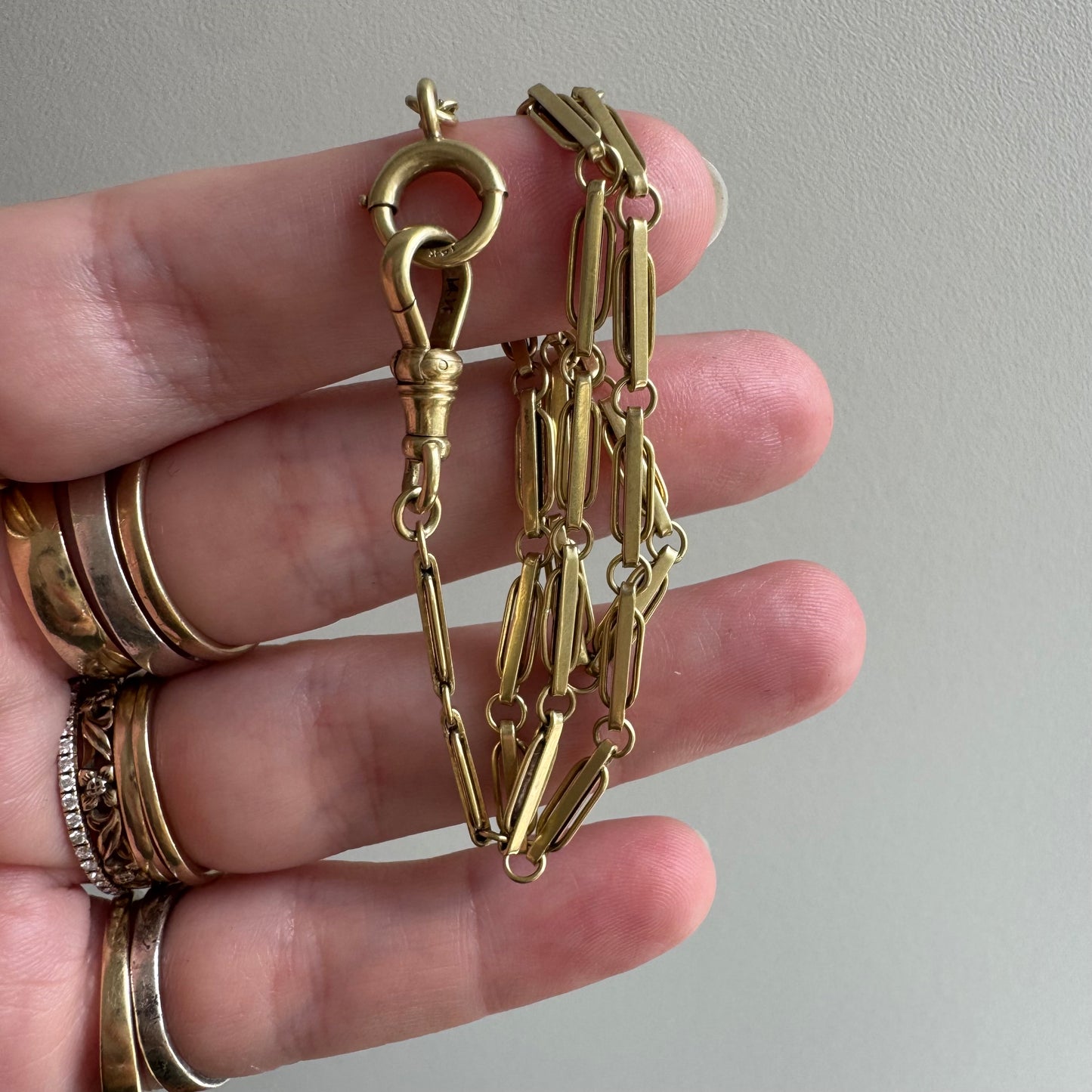 A N T I Q U E // blue hue / 14k yellow gold flat fancy link pocket watch chain / 13.5", 9.1g