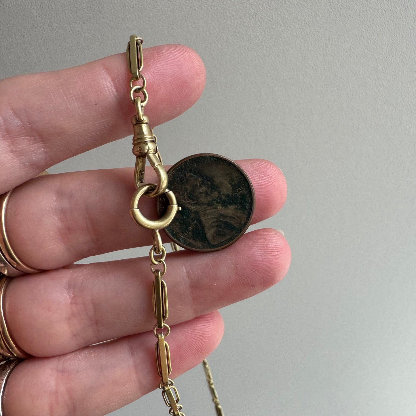 A N T I Q U E // blue hue / 14k yellow gold flat fancy link pocket watch chain / 13.5", 9.1g