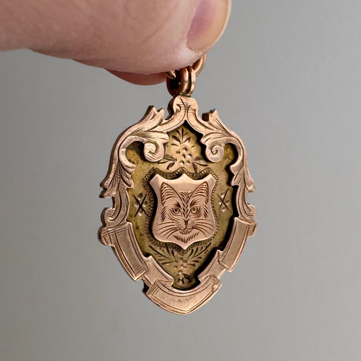 reimagined A N T I Q U E // kitty shield / 9k rosy antique fob medal with new cat face engraving / a medal or pendant