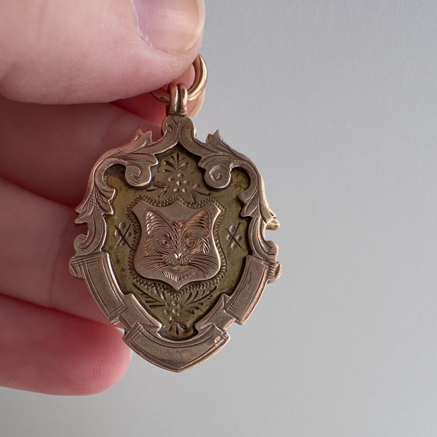 reimagined A N T I Q U E // kitty shield / 9k rosy antique fob medal with new cat face engraving / a medal or pendant