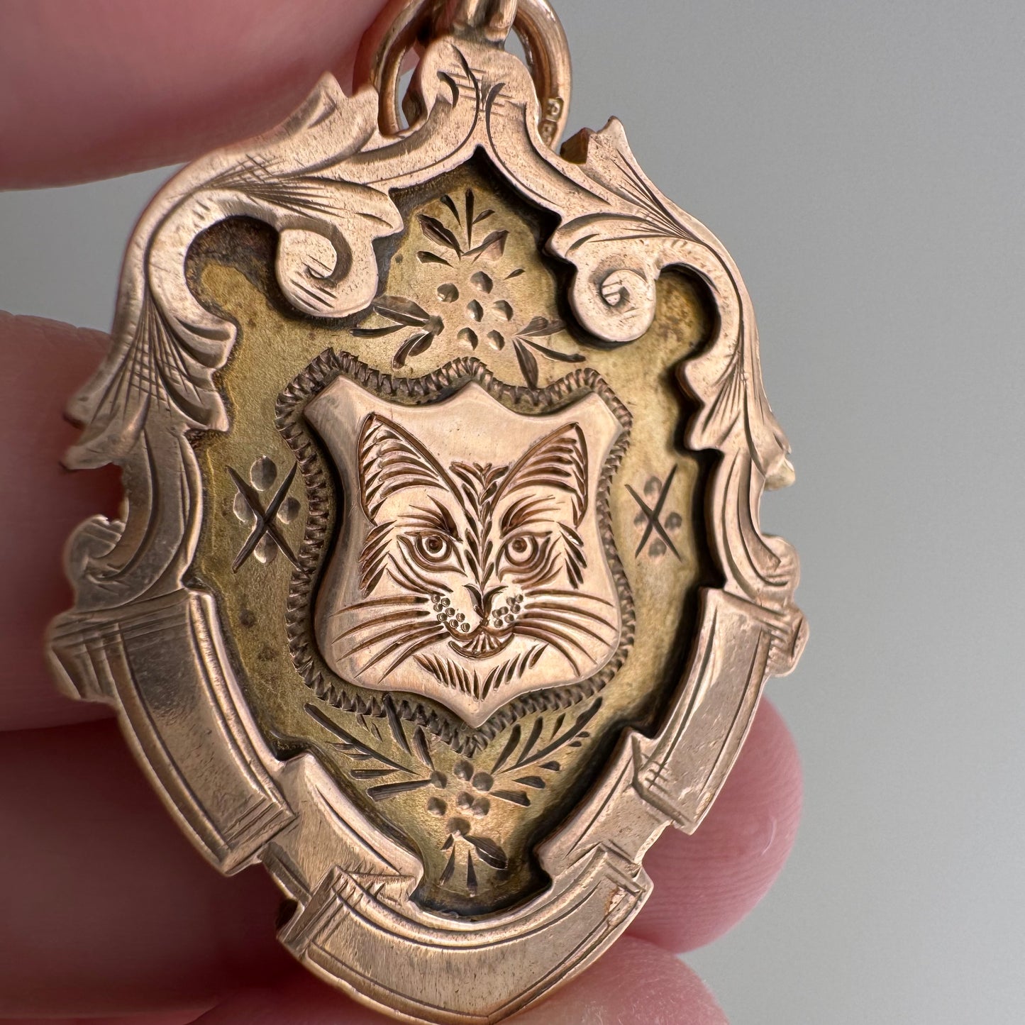 reimagined A N T I Q U E // kitty shield / 9k rosy antique fob medal with new cat face engraving / a medal or pendant