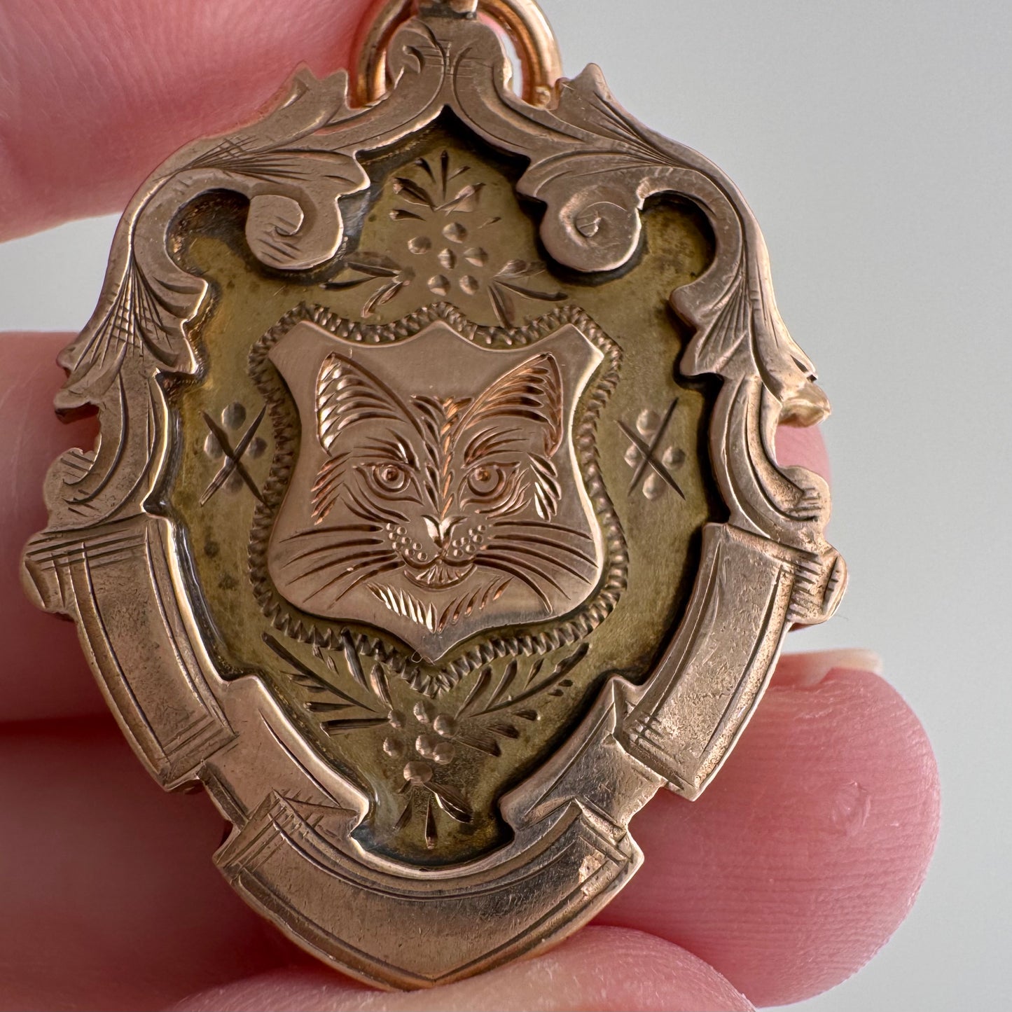 reimagined A N T I Q U E // kitty shield / 9k rosy antique fob medal with new cat face engraving / a medal or pendant