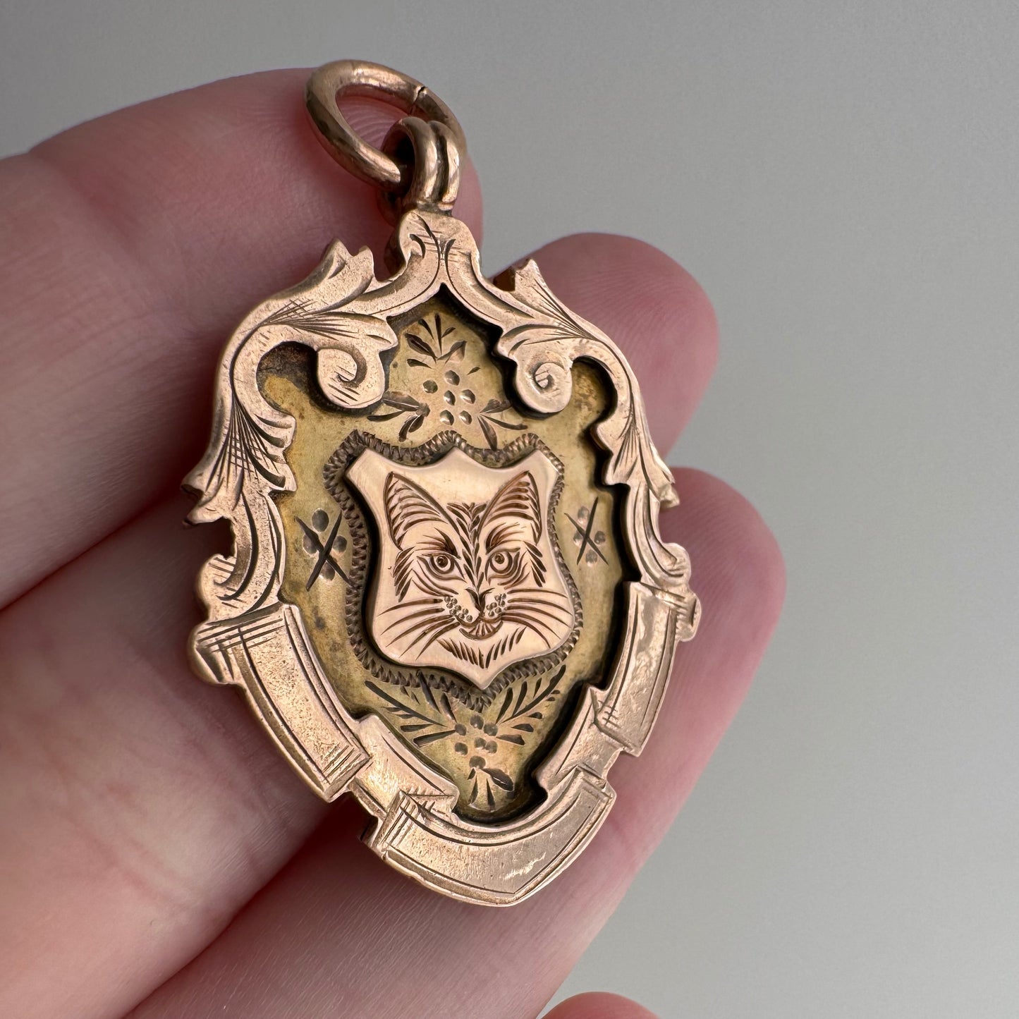 reimagined A N T I Q U E // kitty shield / 9k rosy antique fob medal with new cat face engraving / a medal or pendant