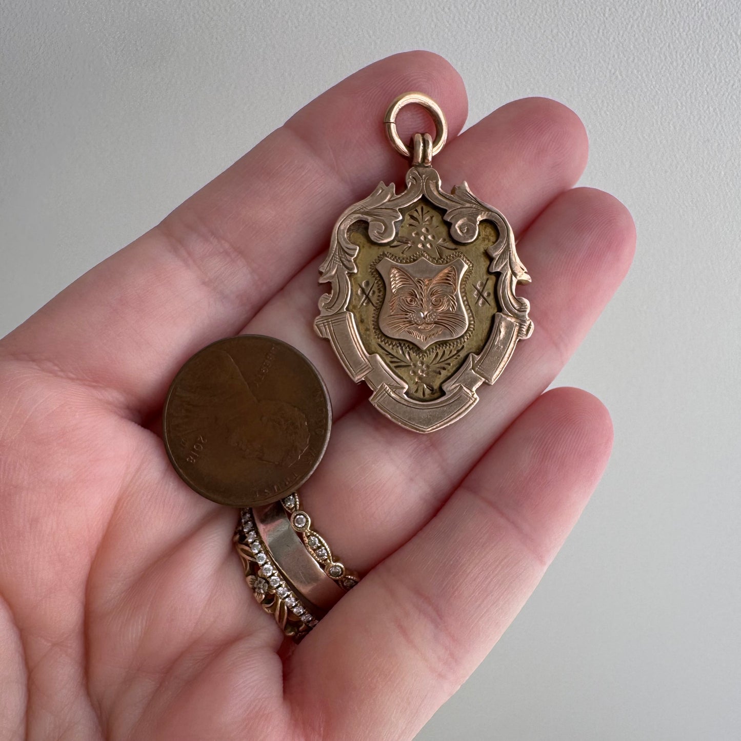 reimagined A N T I Q U E // kitty shield / 9k rosy antique fob medal with new cat face engraving / a medal or pendant