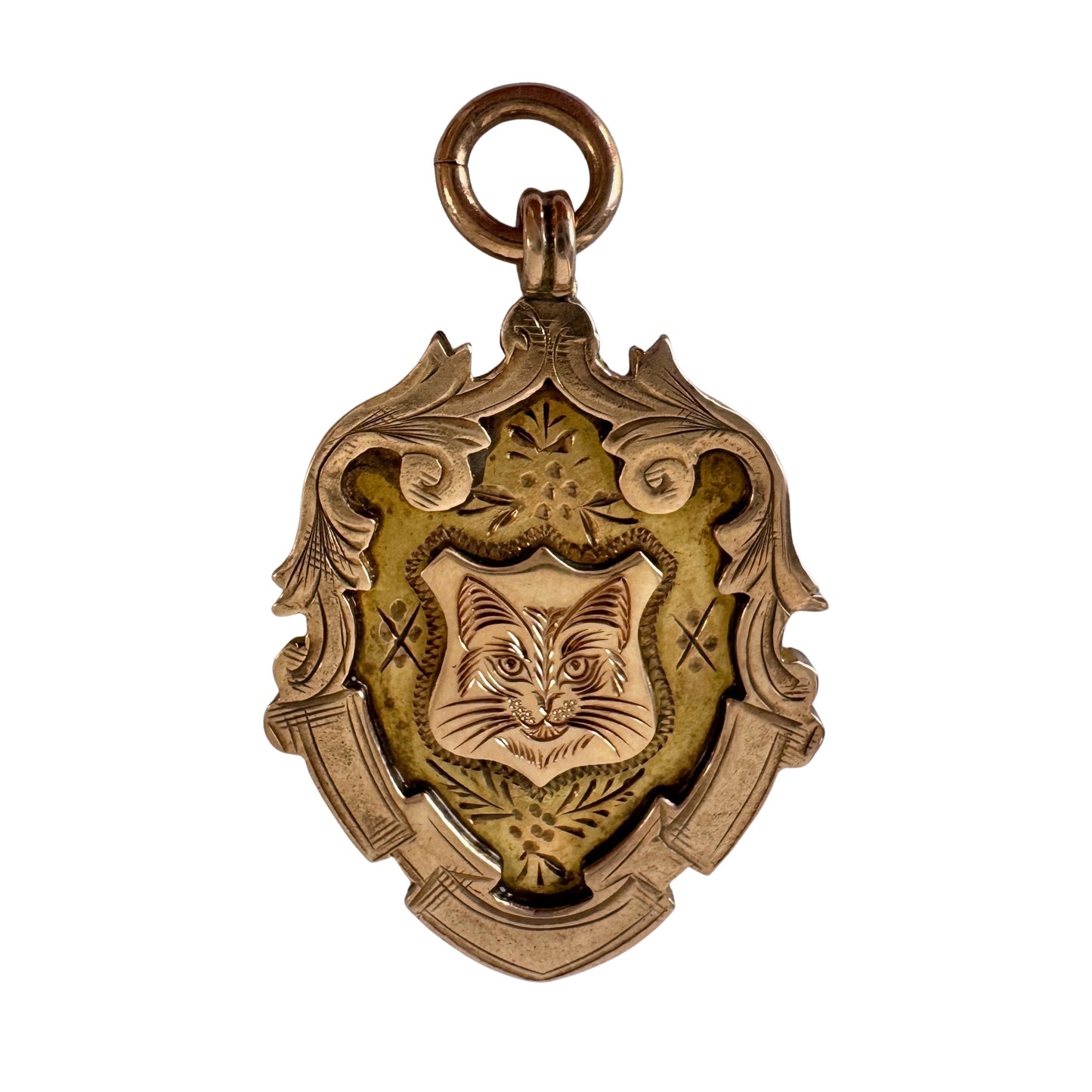 reimagined A N T I Q U E // kitty shield / 9k rosy antique fob medal with new cat face engraving / a medal or pendant