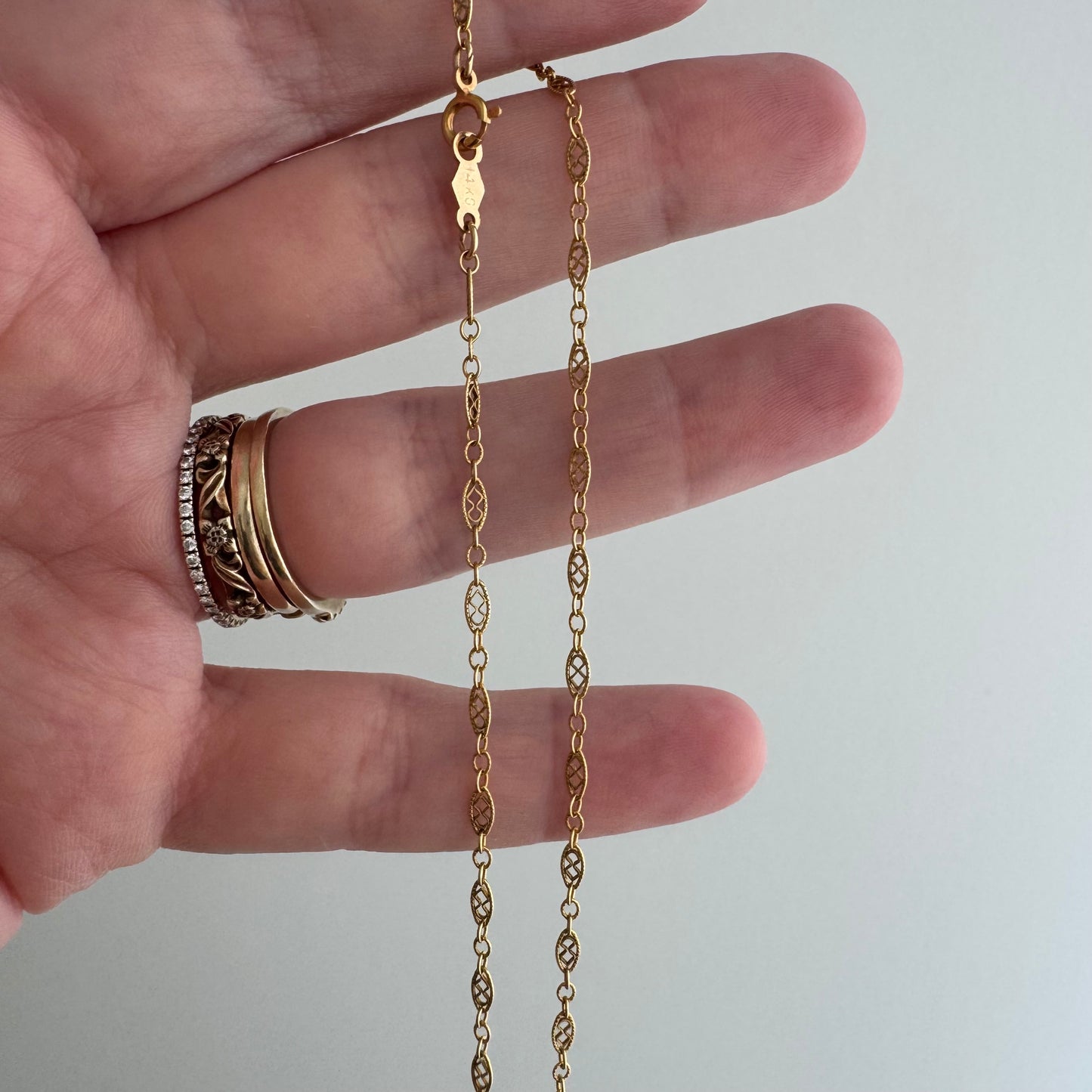 V I N T A G E // lace links / 14k yellow gold filigree link necklace chain / 16", 1.7g