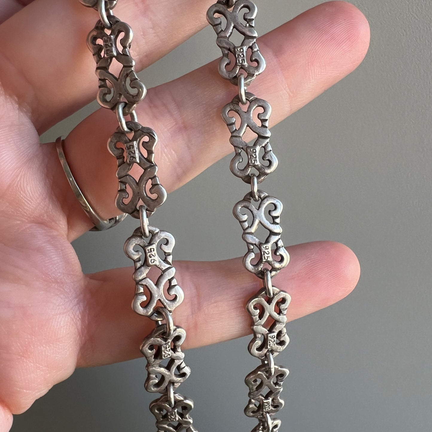 V I N T A G E // lace links / sterling silver fancy ornate filigree link necklace / 18.25", 25g