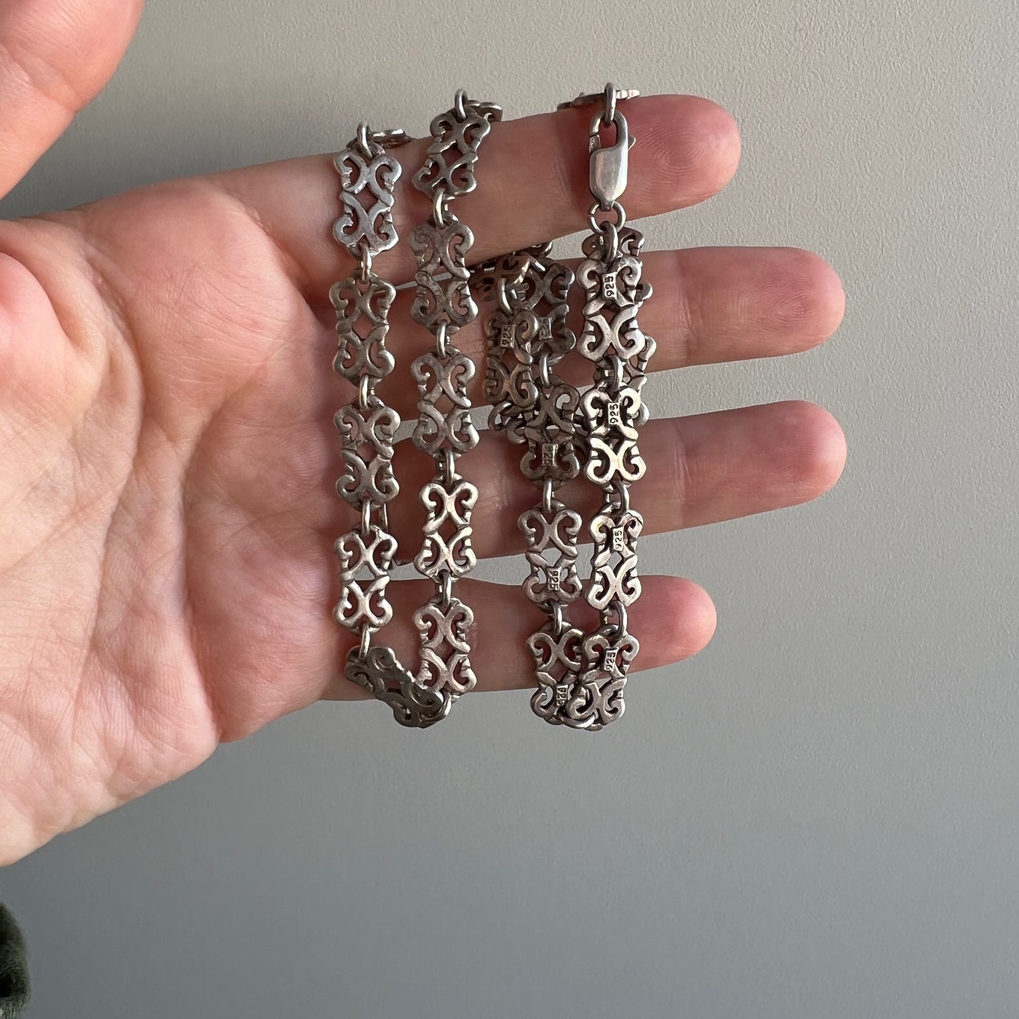 V I N T A G E // lace links / sterling silver fancy ornate filigree link necklace / 18.25", 25g