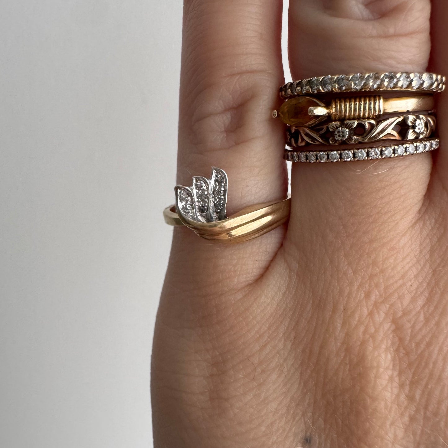 V I N T A G E // swan stacker / 10k yellow and white gold fancy stacker with melee diamonds / size 4.75