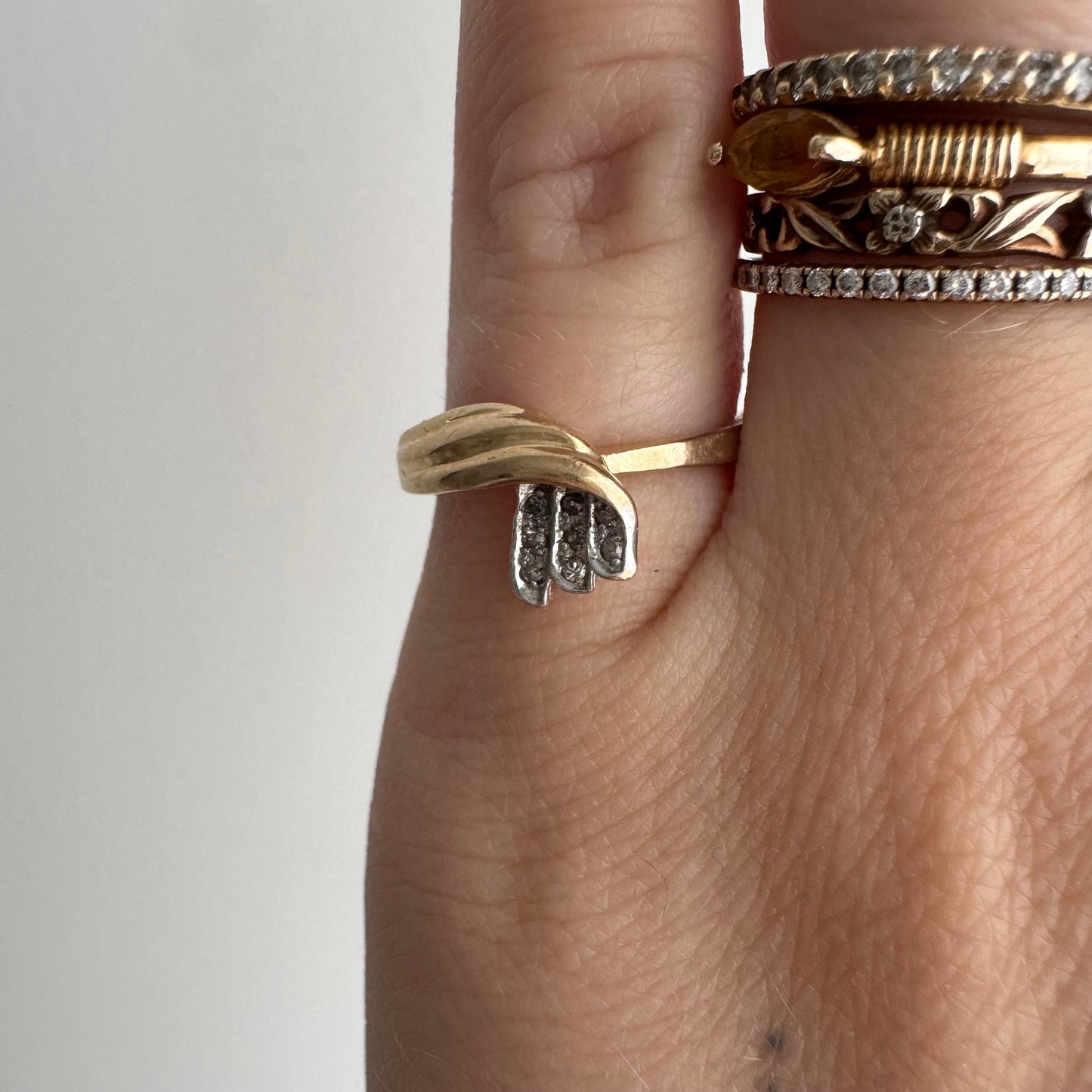 V I N T A G E // swan stacker / 10k yellow and white gold fancy stacker with melee diamonds / size 4.75