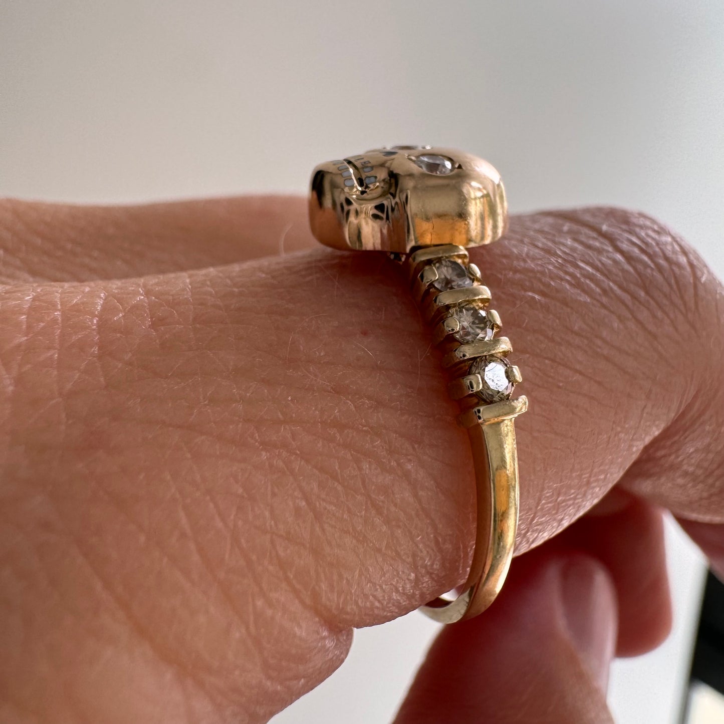 reimagined V I N T A G E // memento mori / 14k + 10k yellow gold and diamond ring / skull conversion ring / size 9.75 to 10