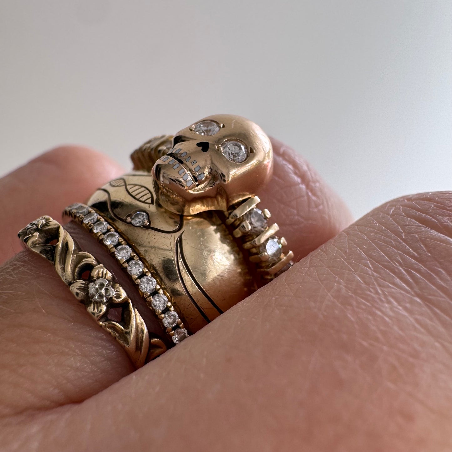 reimagined V I N T A G E // memento mori / 14k + 10k yellow gold and diamond ring / skull conversion ring / size 9.75 to 10