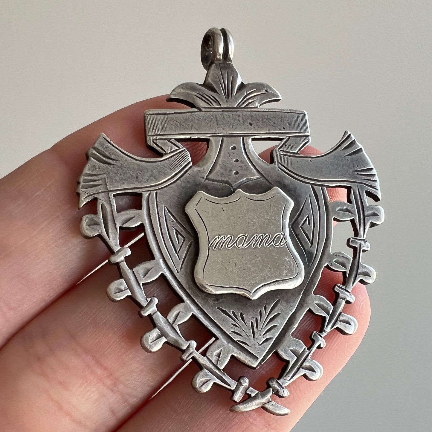 reimagined A N T I Q U E // maternal shield / sterling silver antique fob medal with new 'mama' engraving / a pendant