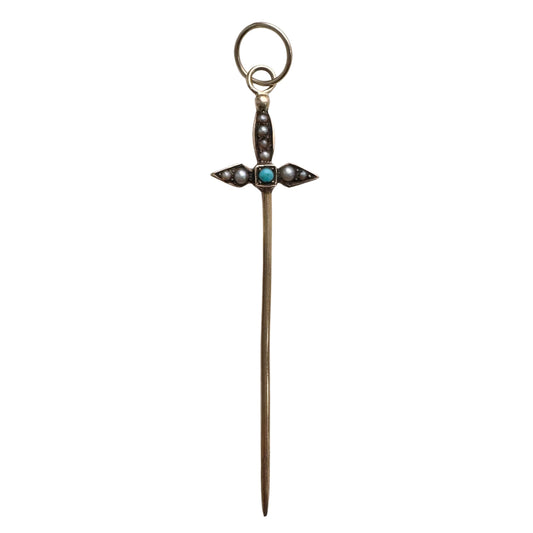 reimagined A N T I Q U E // helpful sword / 14k yellow gold turquoise and seed pearl sword toothpick pendant / a hat pin conversion pendant