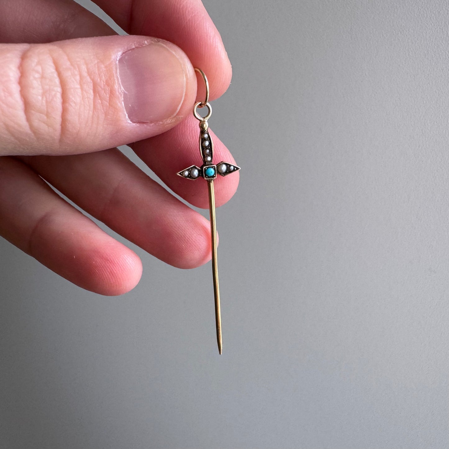 reimagined A N T I Q U E // helpful sword / 14k yellow gold turquoise and seed pearl sword toothpick pendant / a hat pin conversion pendant