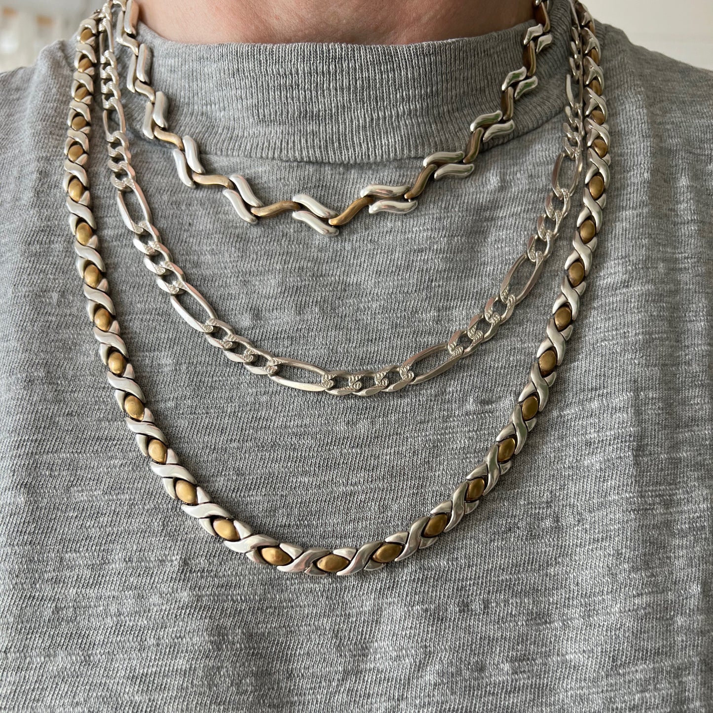 V I N T A G E // dynamic hugs and kisses / sterling silver and brass XO links / bracelet and necklace set / 16" and 7.25"