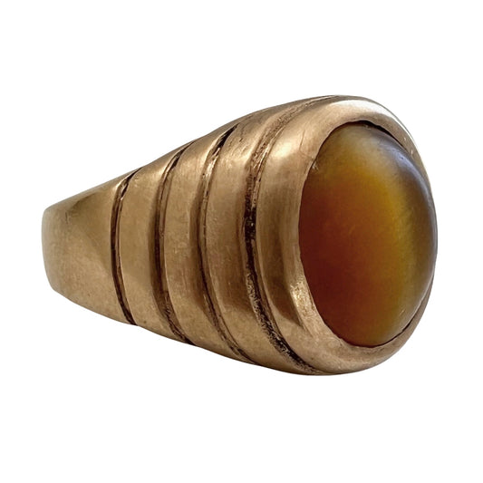 V I N T A G E // shimmery coffee bean / 10k yellow gold and tigers eye signet dome ring / size 7
