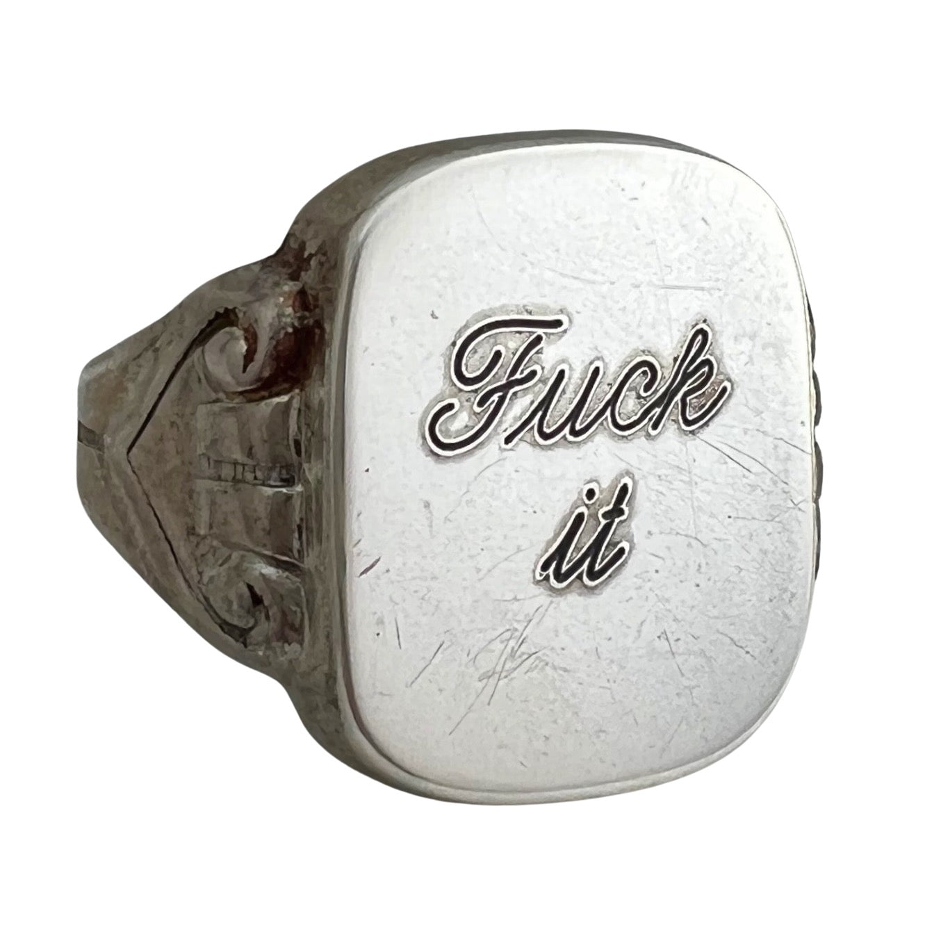 reimagined V I N T A G E // f*ck it / sterling silver rectangular signet ring with freshly engraved sentiment / size 8.5