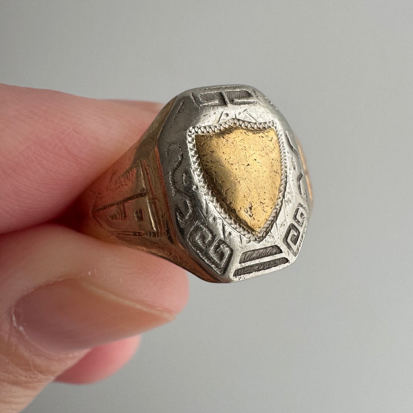 V I N T A G E // almost antique LGB Co / 10k yellow and white gold 1928 shield class ring / size 7.75