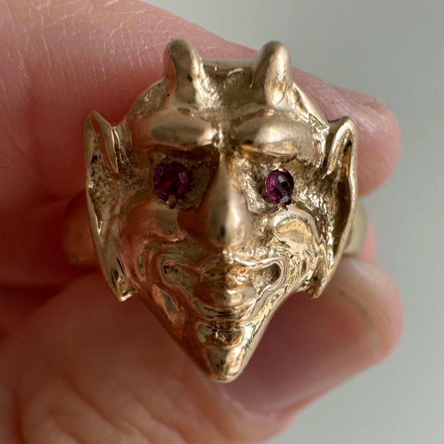 reimagined A N T I Q U E // trickster spirit / 14k and ruby devil face conversion ring / size 7ish