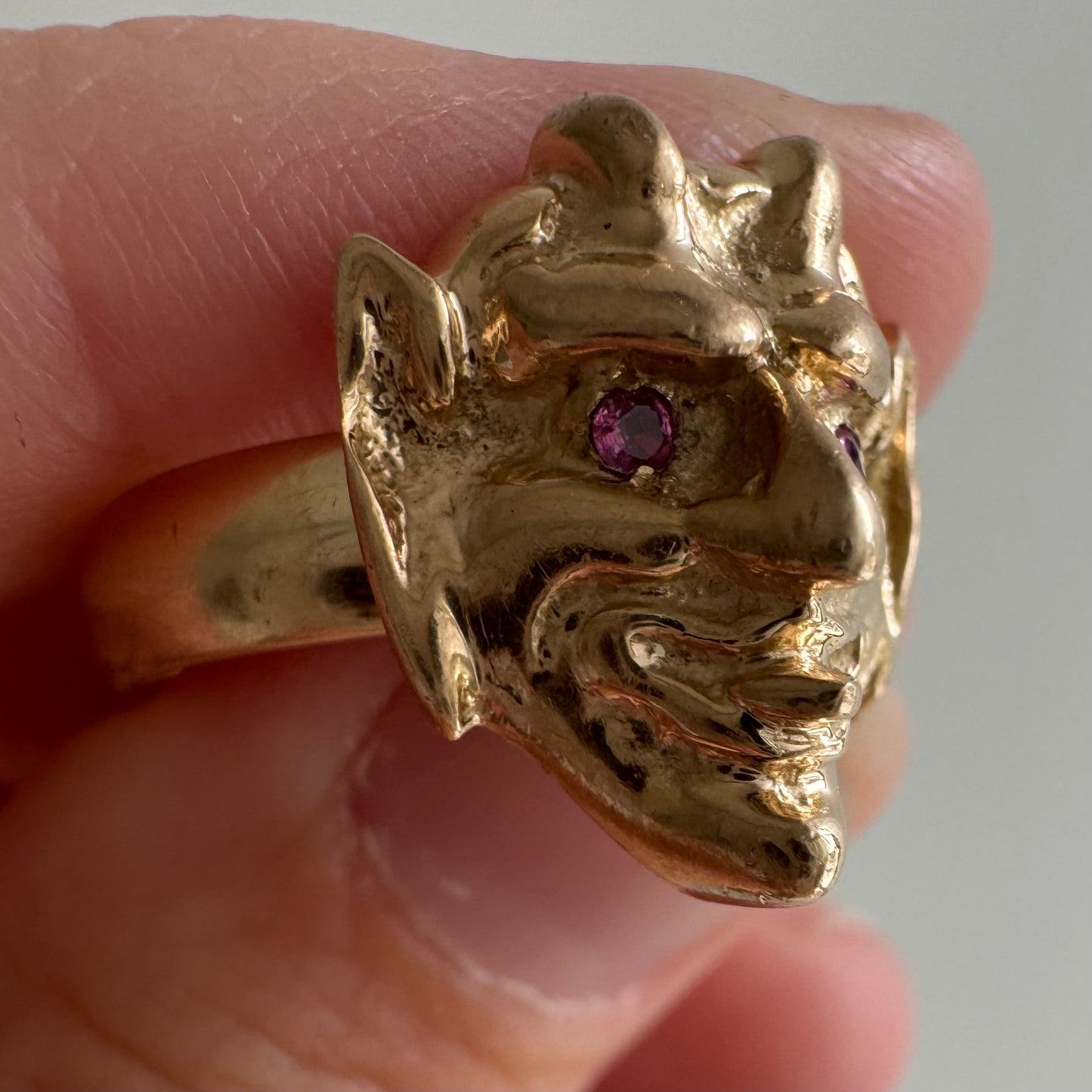 reimagined A N T I Q U E // trickster spirit / 14k and ruby devil face conversion ring / size 7ish