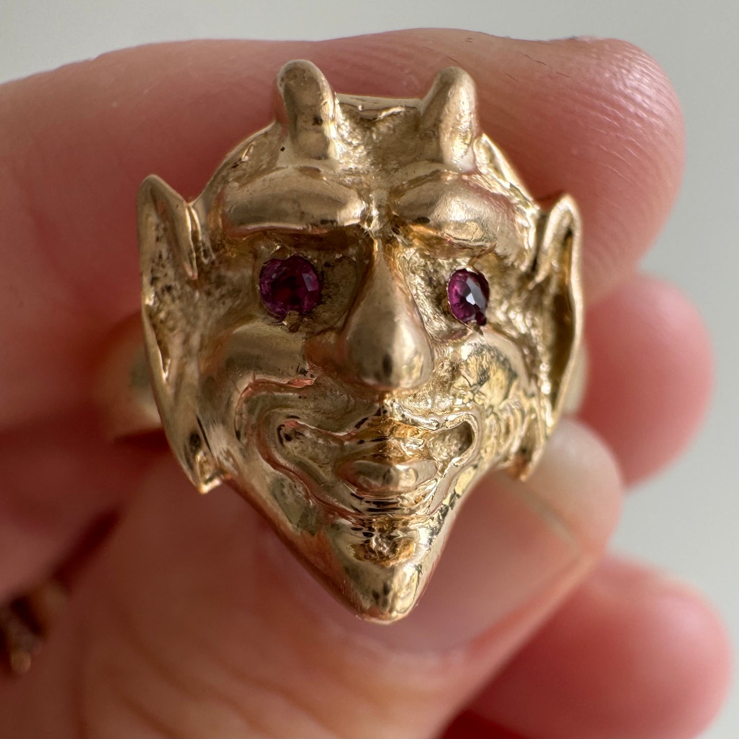 reimagined A N T I Q U E // trickster spirit / 14k and ruby devil face conversion ring / size 7ish