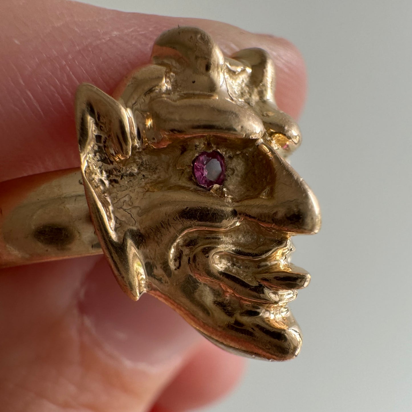 reimagined A N T I Q U E // trickster spirit / 14k and ruby devil face conversion ring / size 7ish