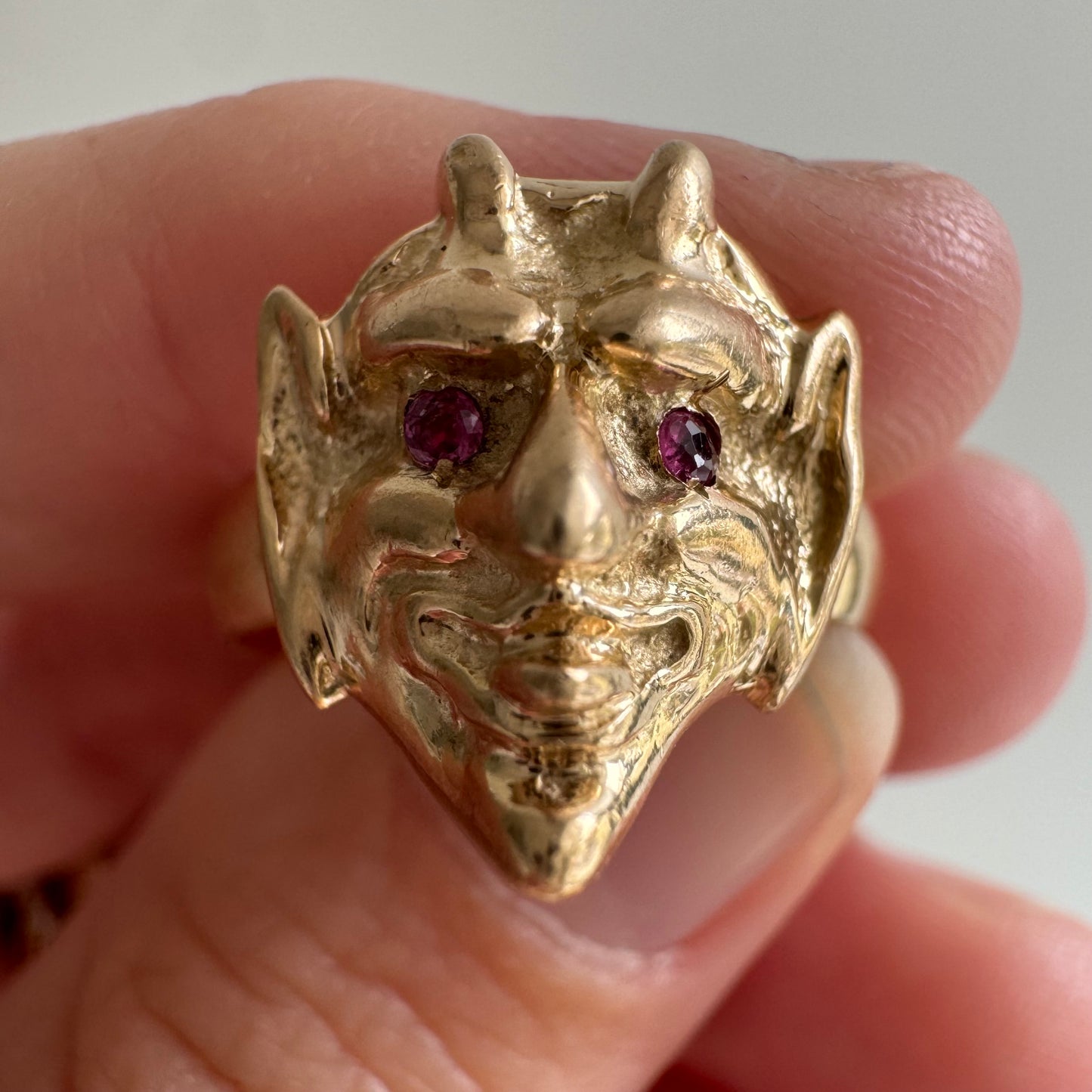 reimagined A N T I Q U E // trickster spirit / 14k and ruby devil face conversion ring / size 7ish