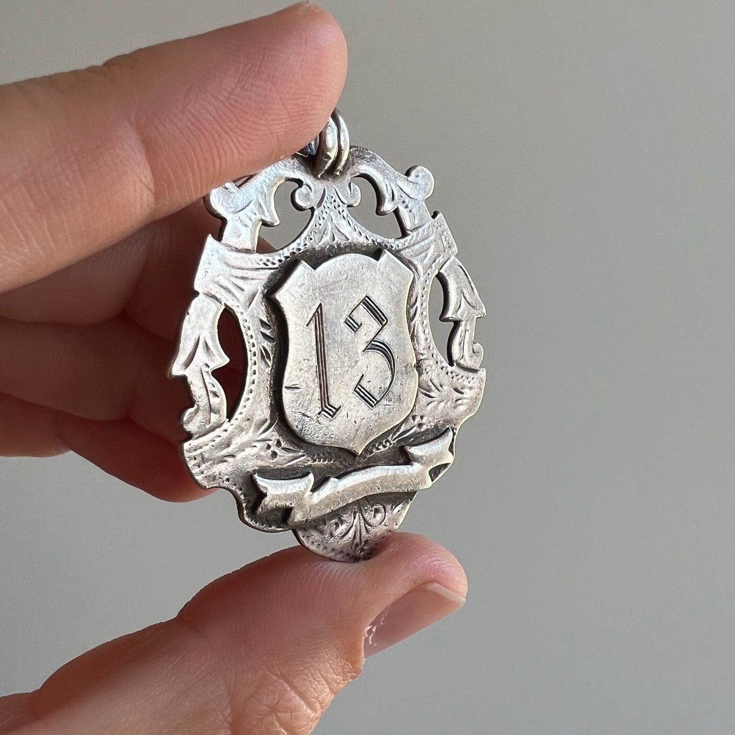reimagined A N T I Q U E // lucky shield / sterling silver antique fob medal with new '13' engraving / a pendant