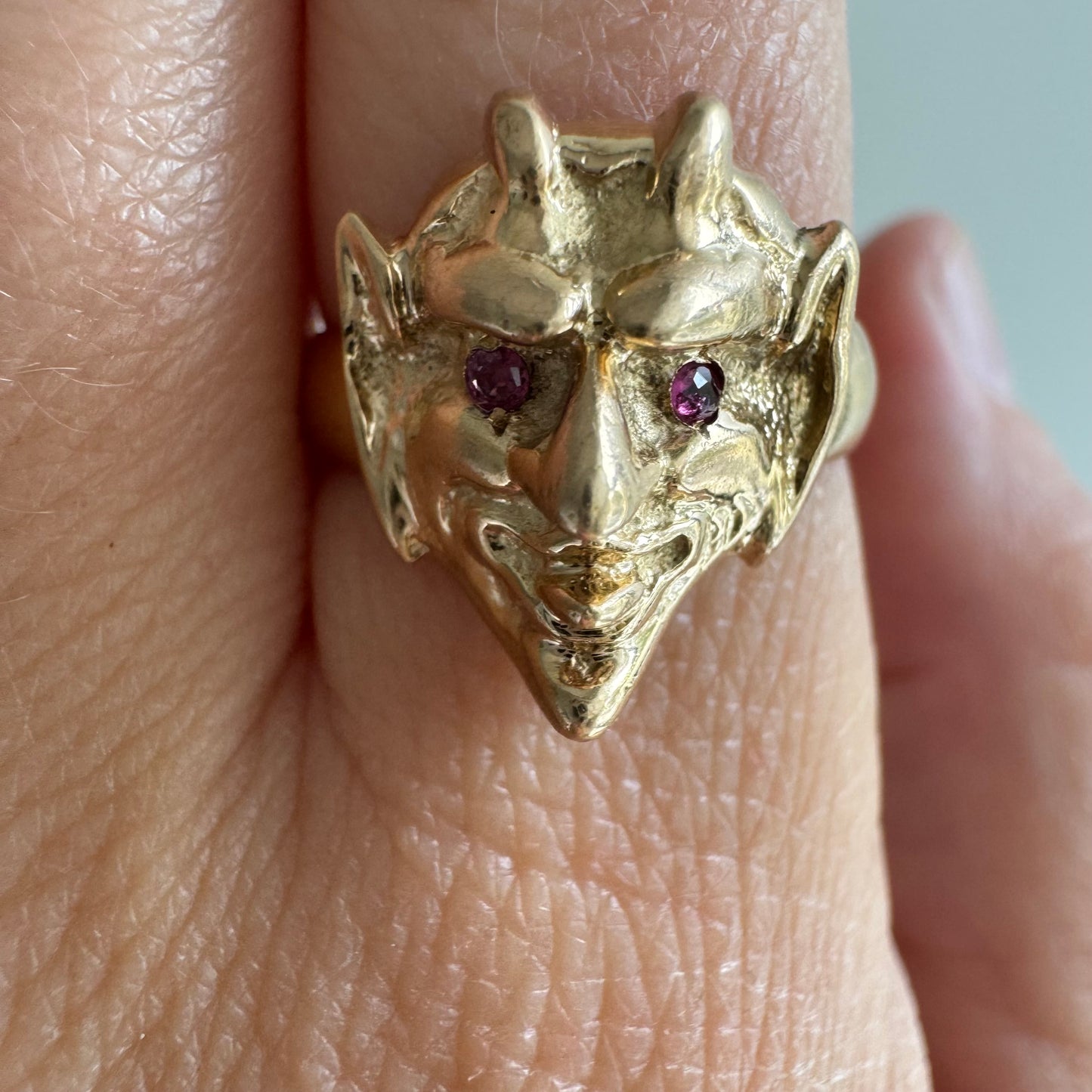 reimagined A N T I Q U E // trickster spirit / 14k and ruby devil face conversion ring / size 7ish