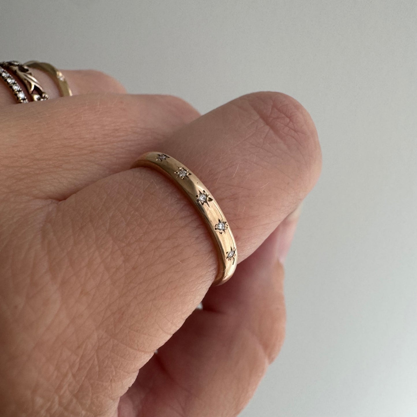 reimagined V I N T A G E // star story / rosy 14k plump pipe cut band with five new star-set diamonds / size 5.75