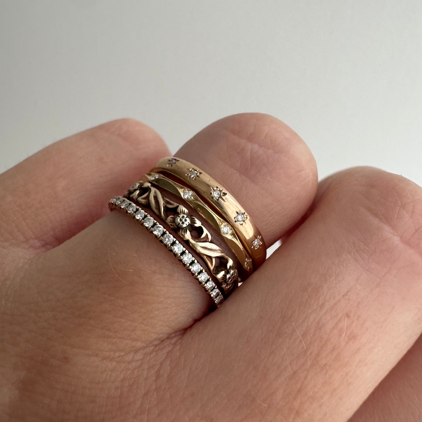 reimagined V I N T A G E // star story / rosy 14k plump pipe cut band with five new star-set diamonds / size 5.75