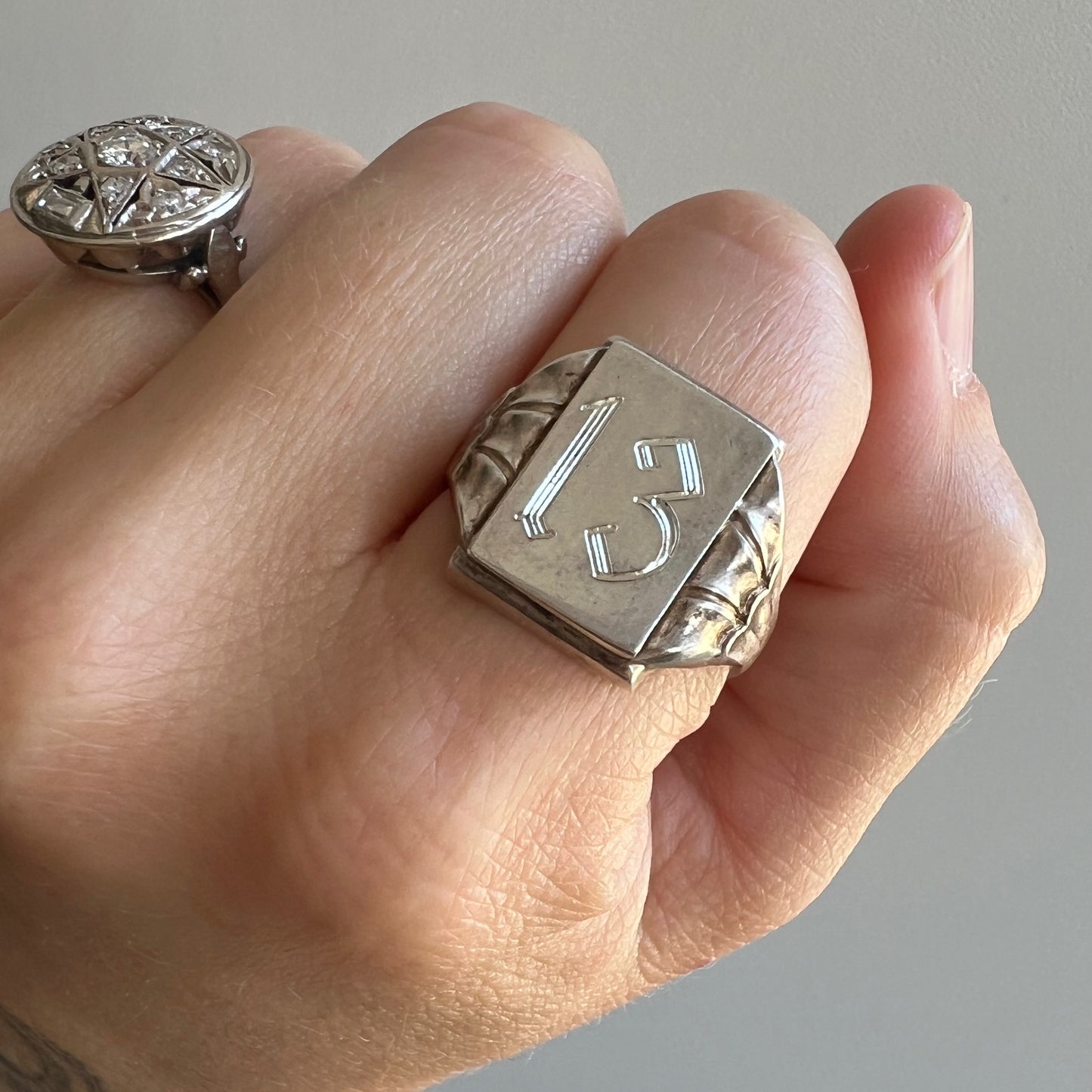 reimagined V I N T A G E // lucky 13 / 800 silver signet ring with new engraving / size 8.5-ish