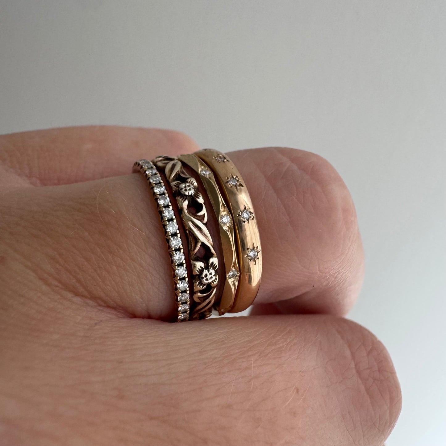 reimagined V I N T A G E // star story / rosy 14k plump pipe cut band with five new star-set diamonds / size 5.75