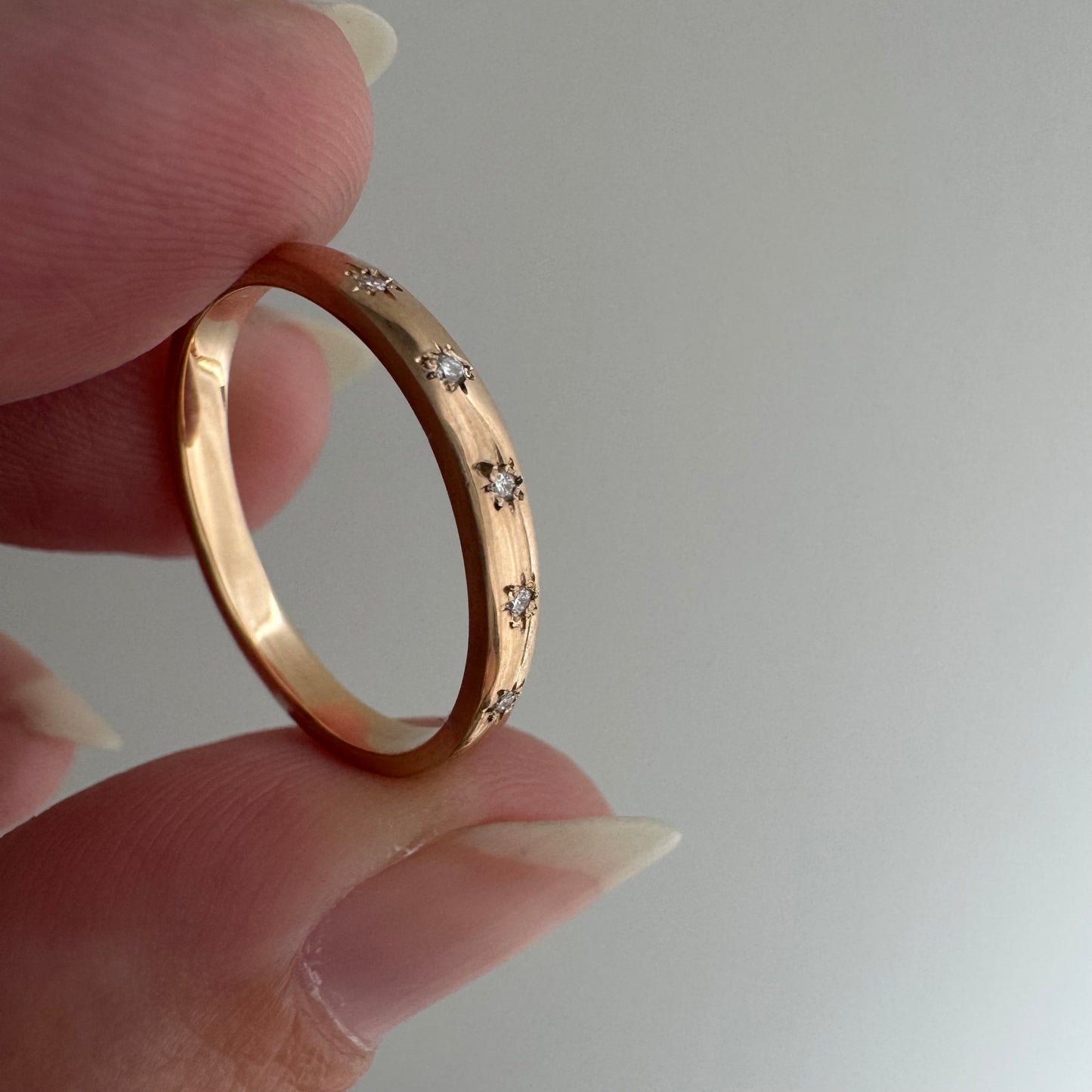 reimagined V I N T A G E // star story / rosy 14k plump pipe cut band with five new star-set diamonds / size 5.75