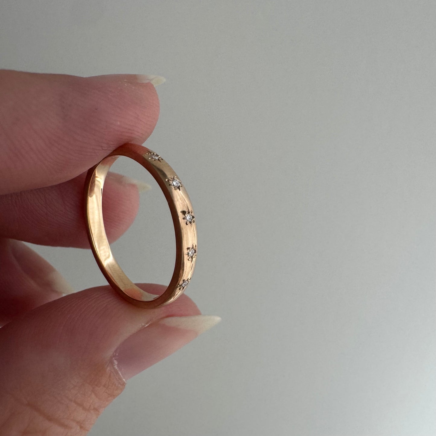 reimagined V I N T A G E // star story / rosy 14k plump pipe cut band with five new star-set diamonds / size 5.75