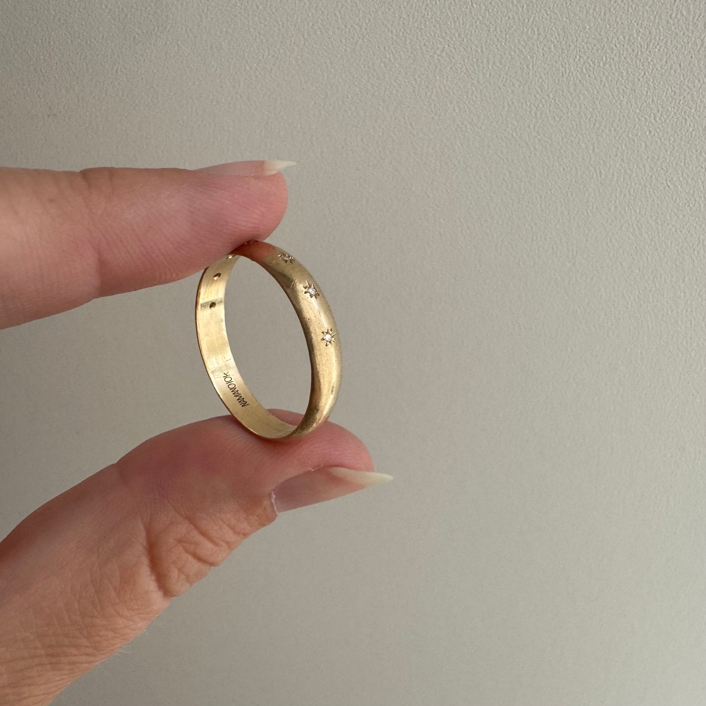 reimagined V I N T A G E // star story / 10k 4mm subtle D-shaped band with seven new star-set diamonds / size 9.5-9.75