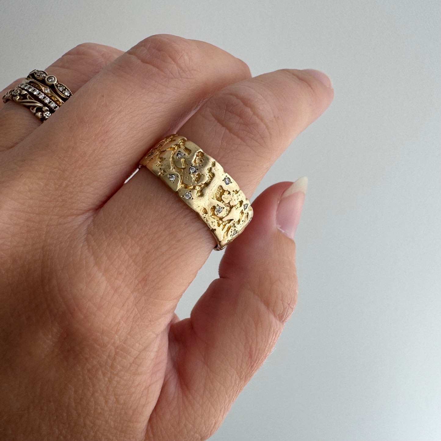 reimagined V I N T A G E // star story / 14k wide nugget band with 23 new star-set diamonds / size 9ish