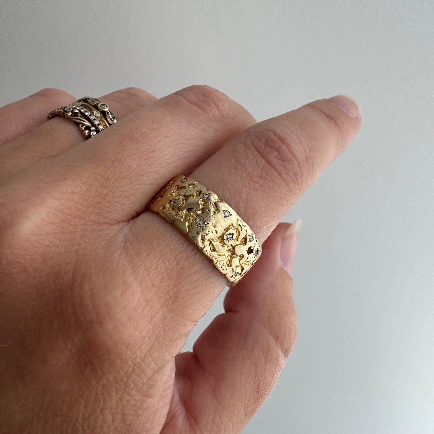 reimagined V I N T A G E // star story / 14k wide nugget band with 23 new star-set diamonds / size 9ish