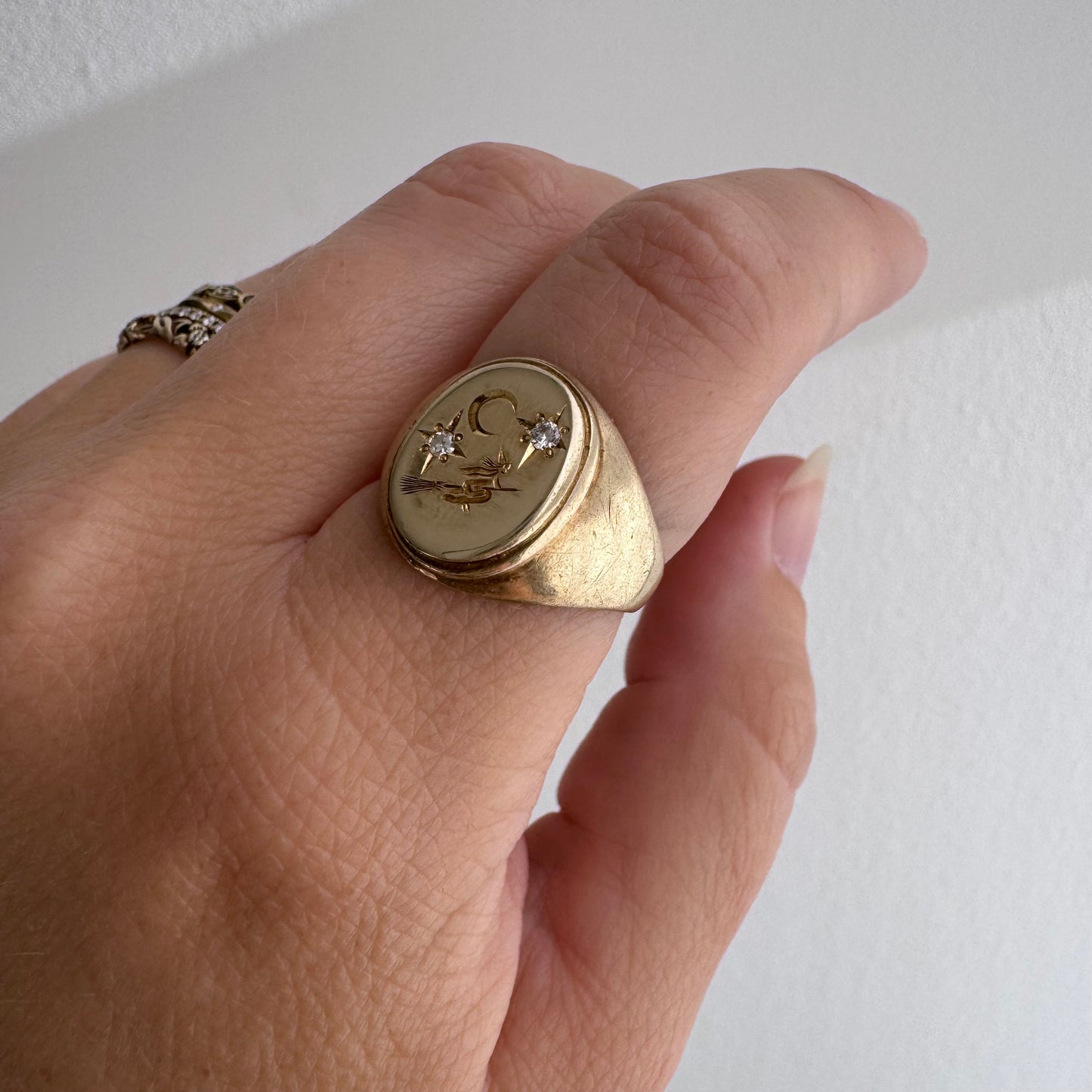 reimagined V I N T A G E // the best witch / 10k yellow gold and diamond witch oval signet ring / size 6-ish