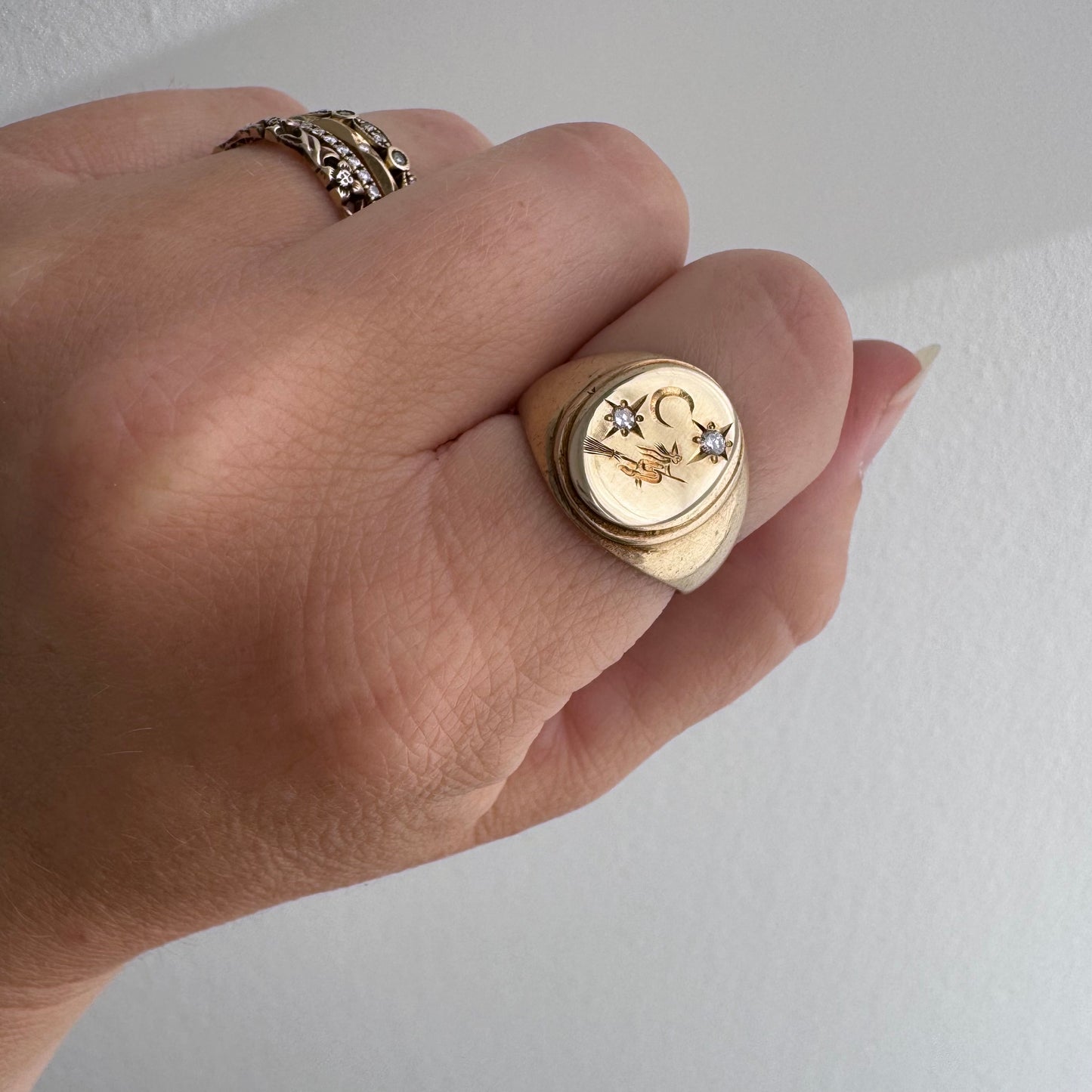 reimagined V I N T A G E // the best witch / 10k yellow gold and diamond witch oval signet ring / size 6-ish