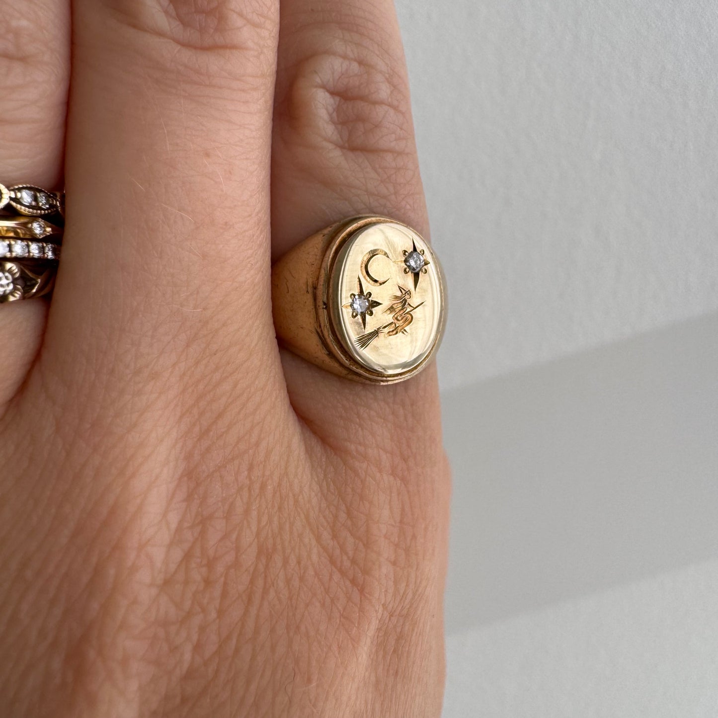 reimagined V I N T A G E // the best witch / 10k yellow gold and diamond witch oval signet ring / size 6-ish