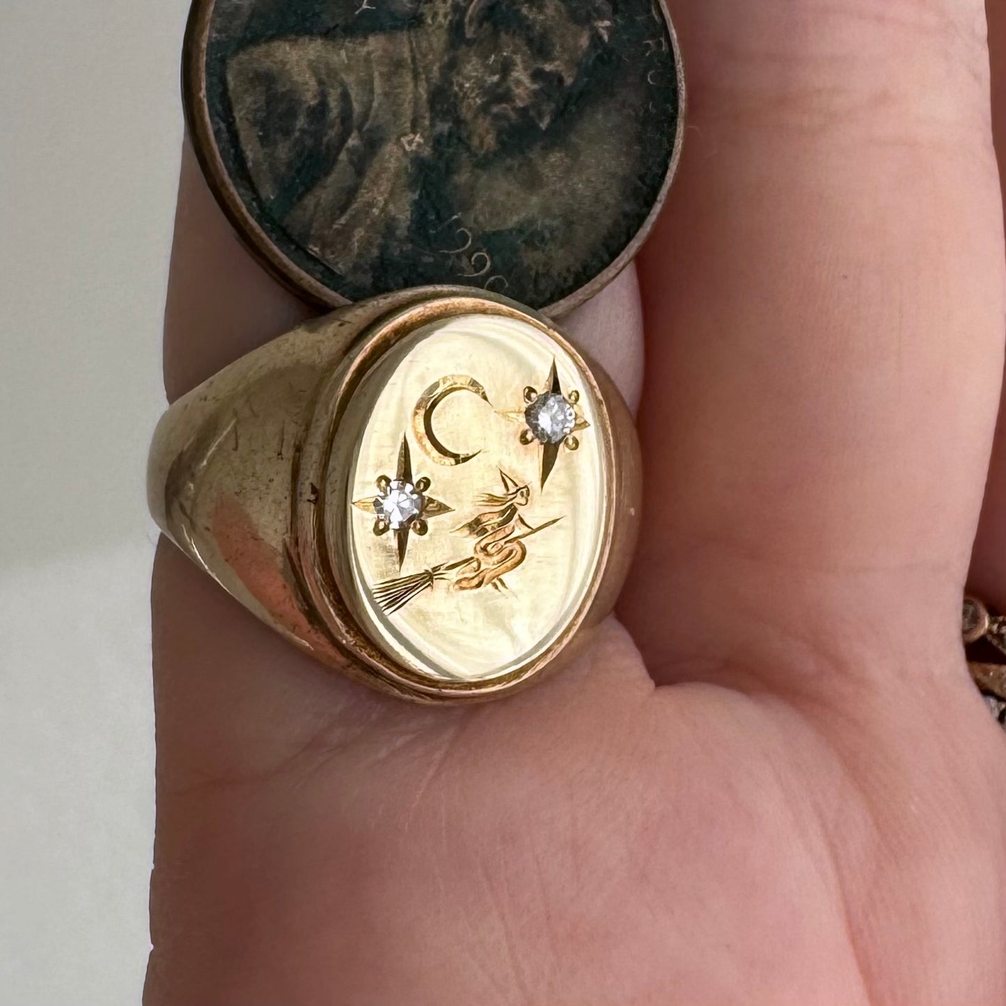 reimagined V I N T A G E // the best witch / 10k yellow gold and diamond witch oval signet ring / size 6-ish