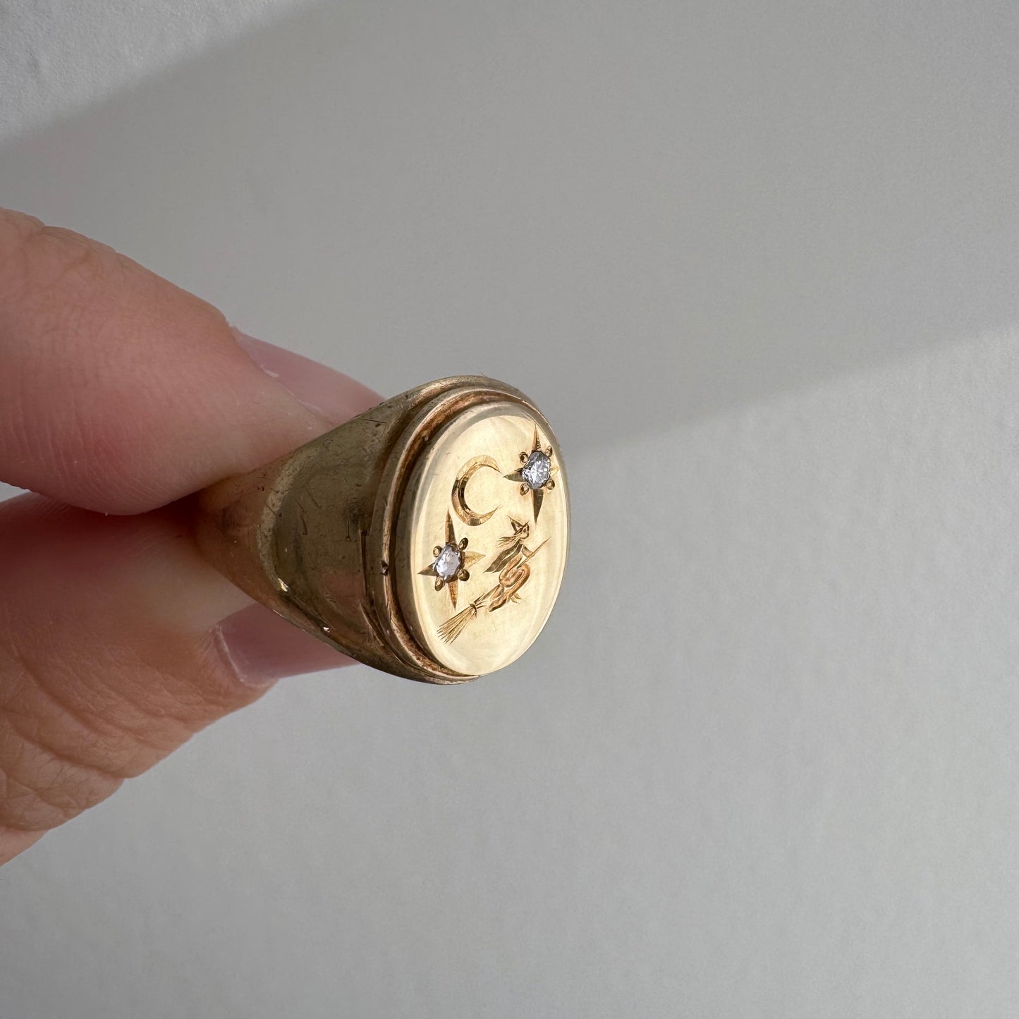 reimagined V I N T A G E // the best witch / 10k yellow gold and diamond witch oval signet ring / size 6-ish