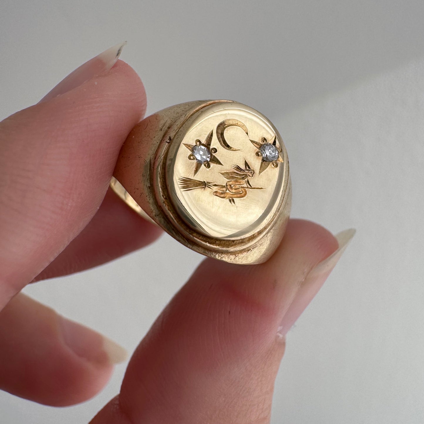 reimagined V I N T A G E // the best witch / 10k yellow gold and diamond witch oval signet ring / size 6-ish