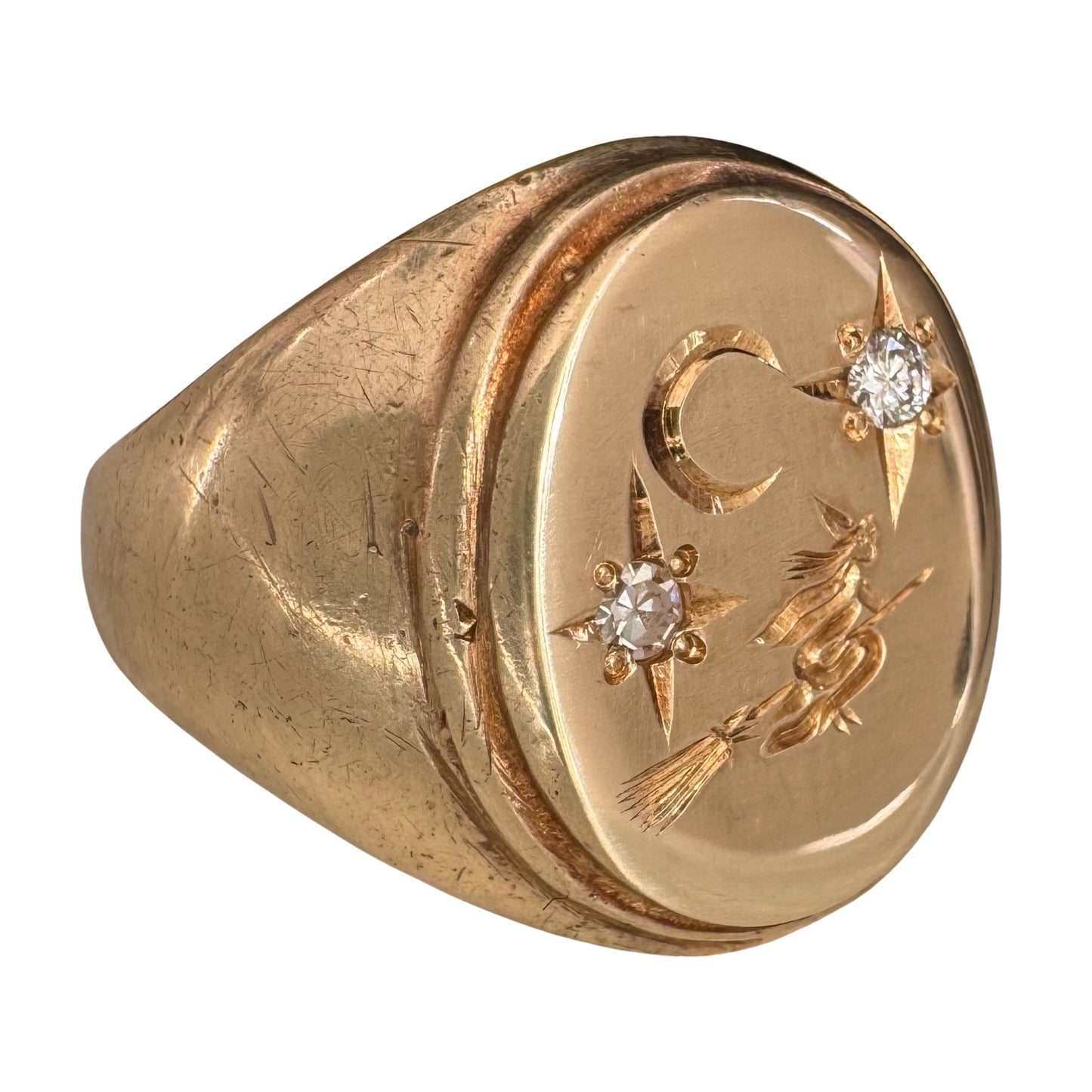 reimagined V I N T A G E // the best witch / 10k yellow gold and diamond witch oval signet ring / size 6-ish