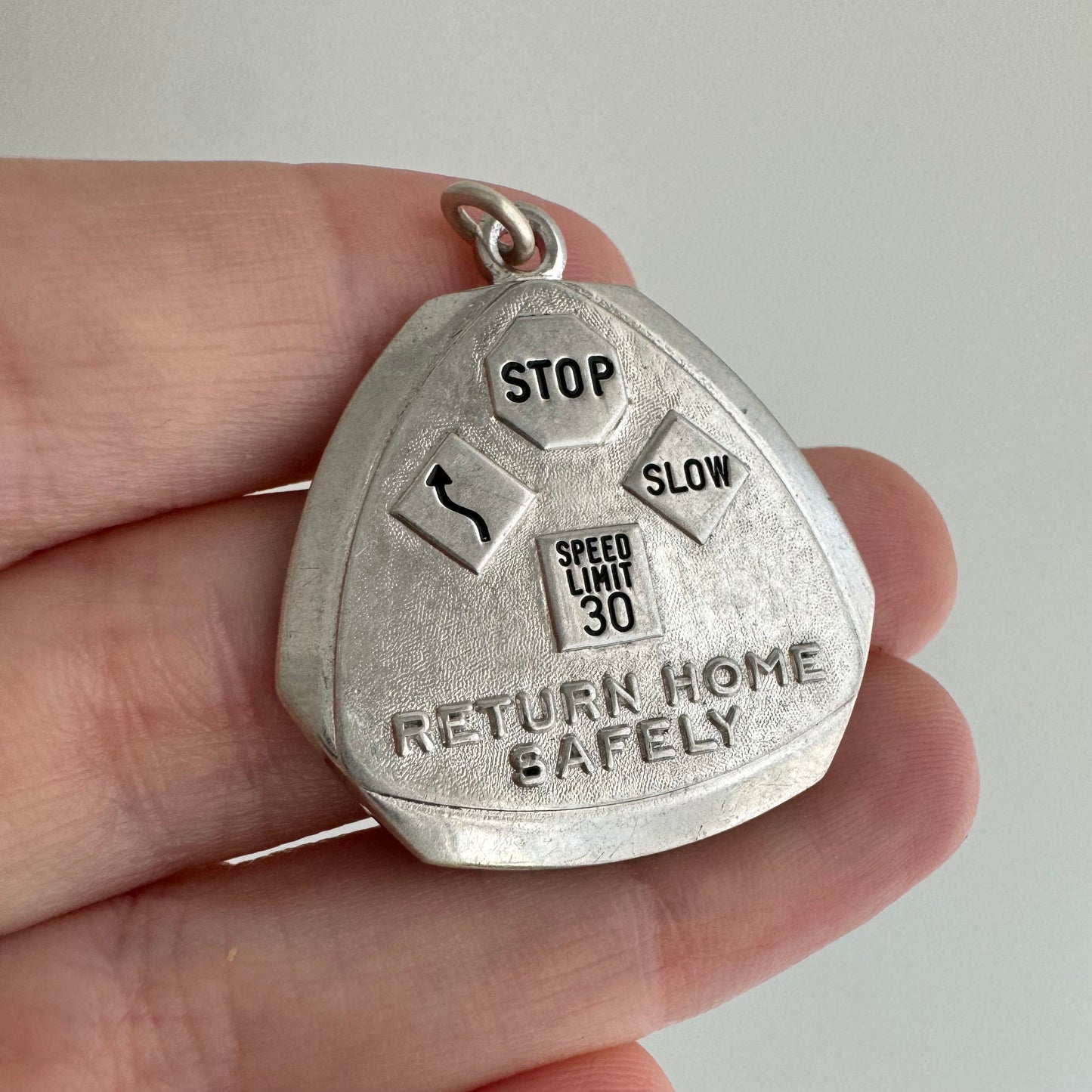 V I N T A G E // return home safely / sterling silver mid century oversized charm