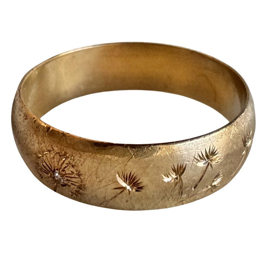 reimagined V I N T A G E // wind blown / 10k yellow gold 5mm band with diamond and wind-blown dandelion seeds / size 6 to 6.5